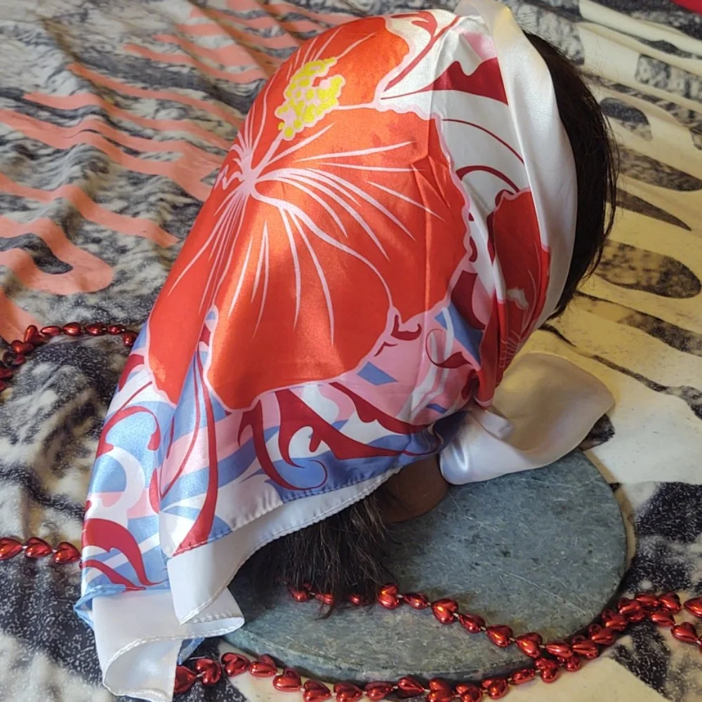 White Silky Red Flower Print Scarf